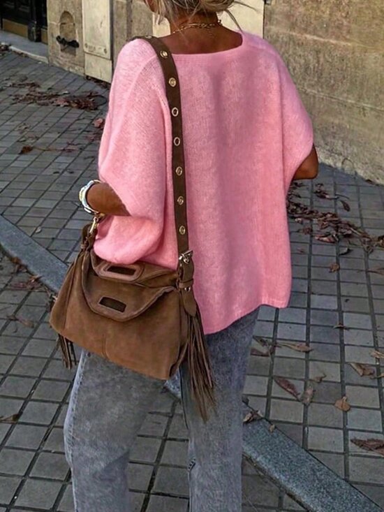 Gentle Pink Casual Women's V-Neck Button Short Sleeve Oversized Knit Cardigan - Picture 2 of 10